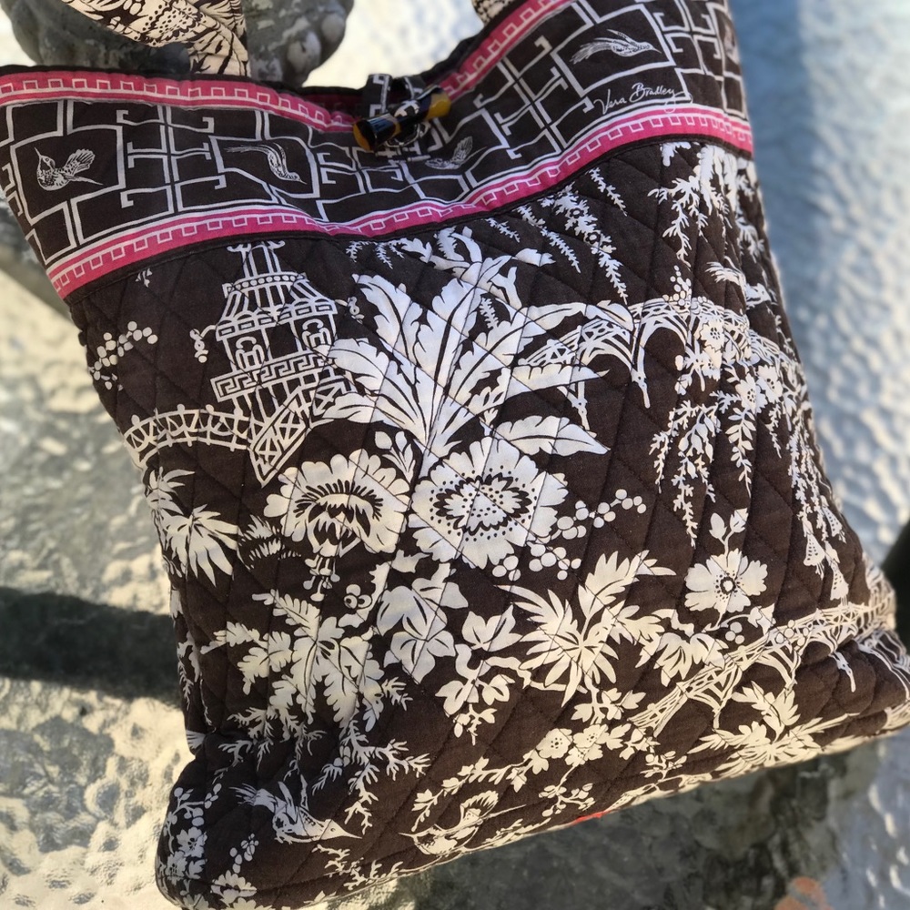 VERA BRADLEY  Large Tote in Brown Pink White Asian Inspired print with pink trim - Picture 9 of 16